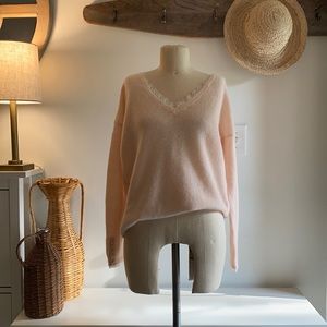 Sezane Blush Pink V-neck Jumper w/ Scalloped Lace